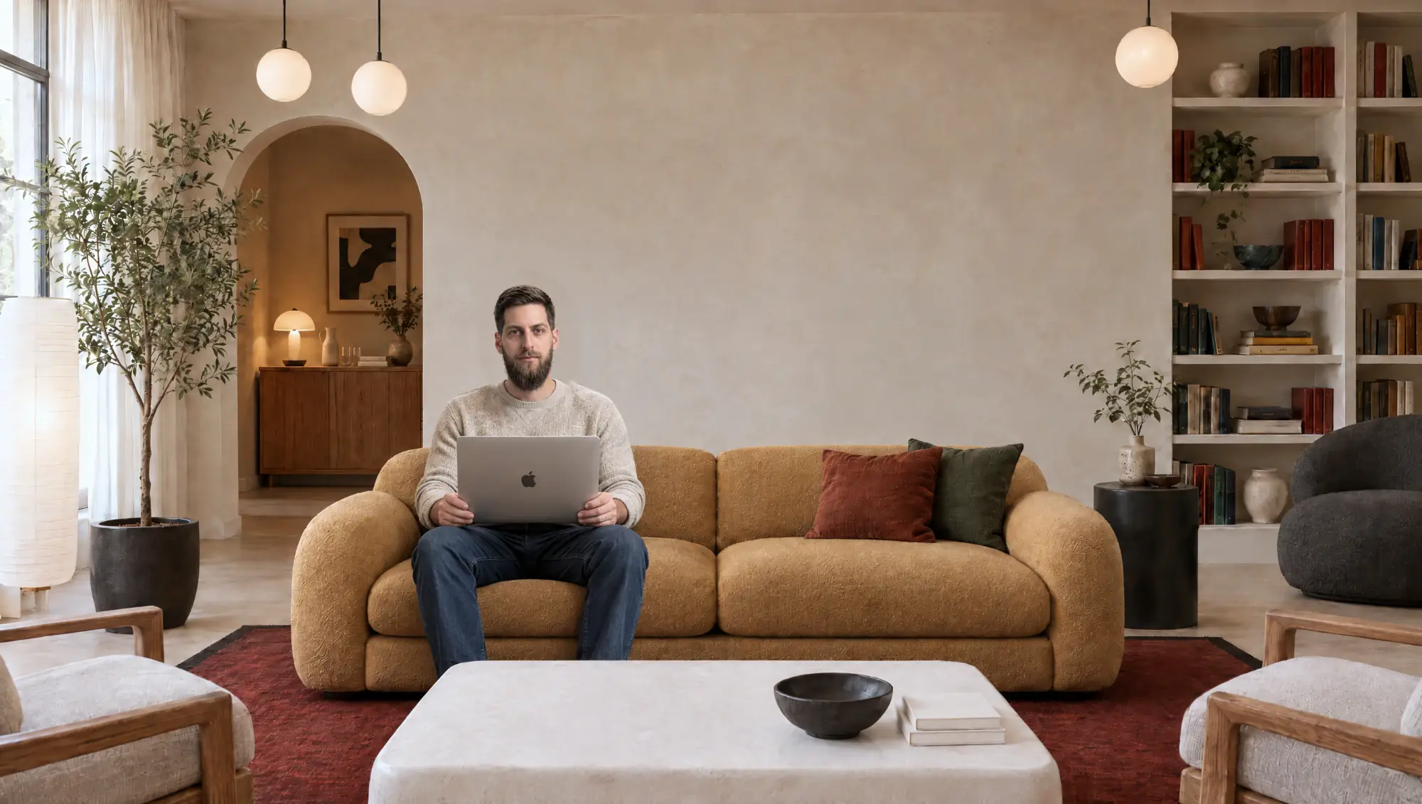 Matt on a sofa with his laptop while a second Matt, phone in hand, jumps onto it
